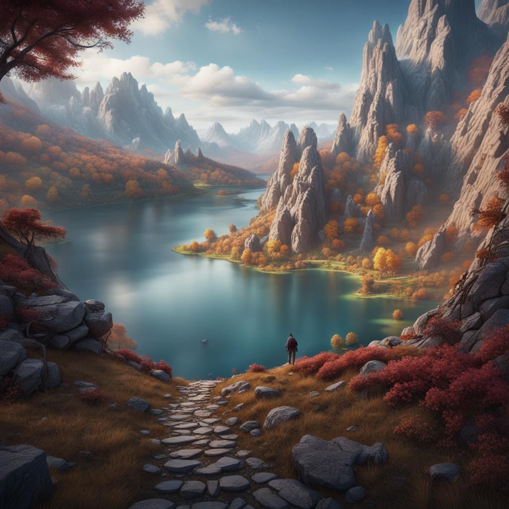 Mountain Lake Path in Detailed Matte Painting Style
