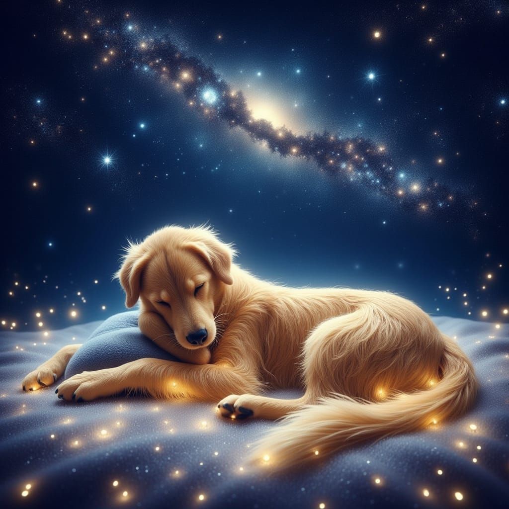 Golden Retriever Sleeps Under Starry Night Sky