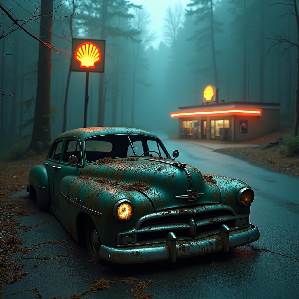 Abandoned Car Wreck in Eerie Forest Landscape