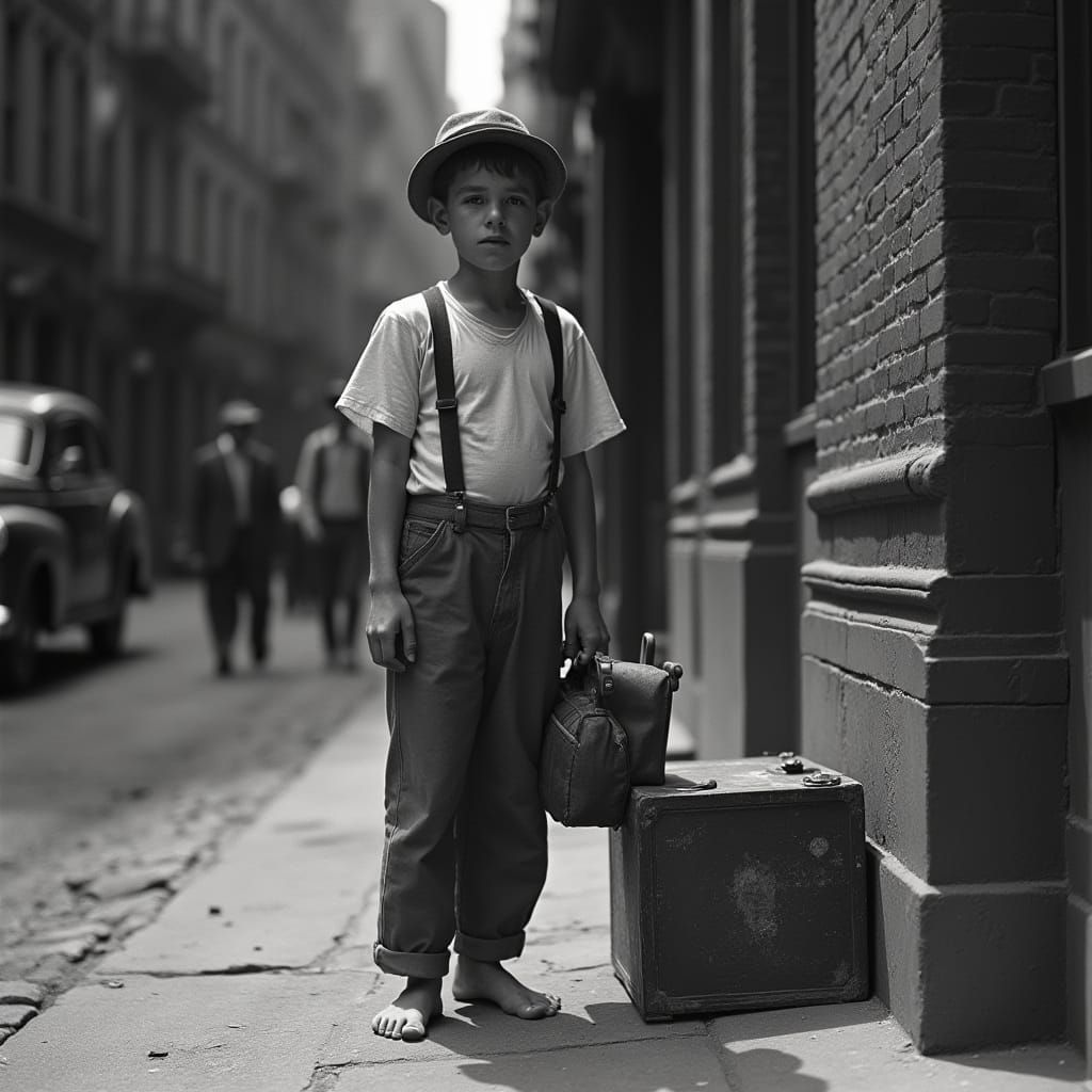 Teenage Boy with Shoe Shine Box on NYC Street