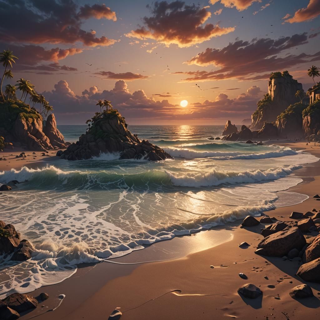Beach Sunset in Detailed Matte Painting Style