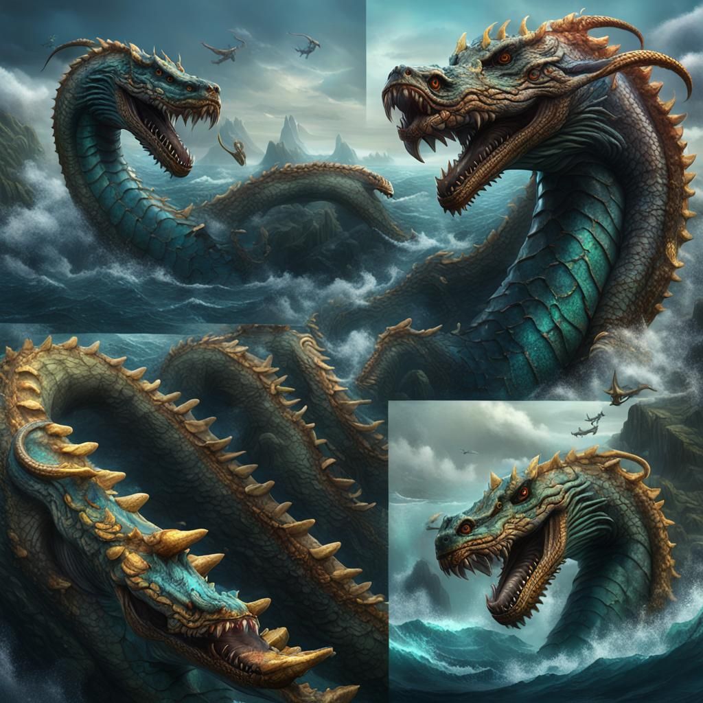 Colossal Multi-Headed Sea Serpent in Detailed Matte Painting