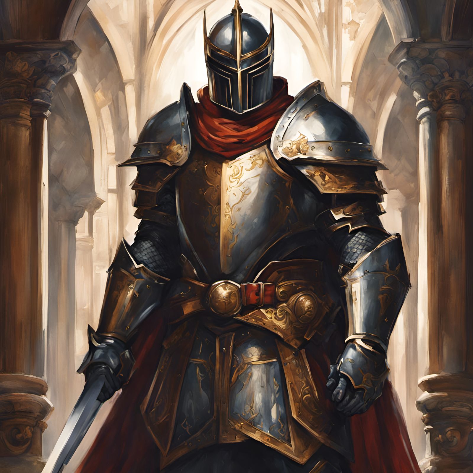 African Knight in Castle Hallway: Ghibli Watercolor