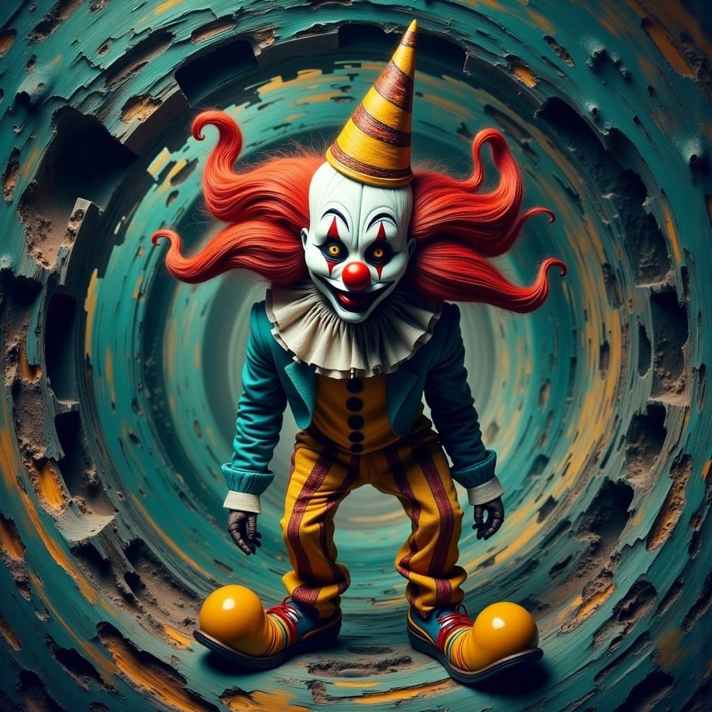 Surreal Clown in Hypnotic Spiral Dreamscape