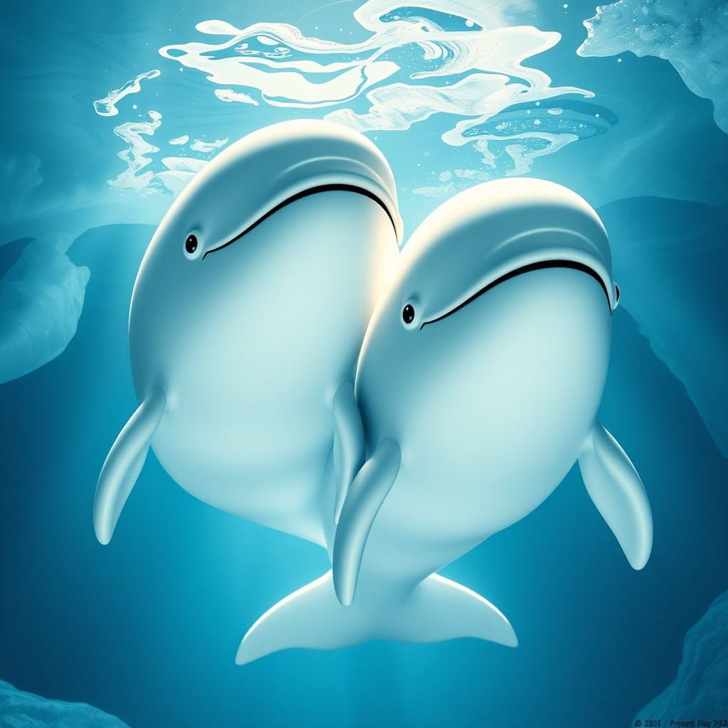 Majestic Beluga Whales in Crystal Cave of Icy Blues