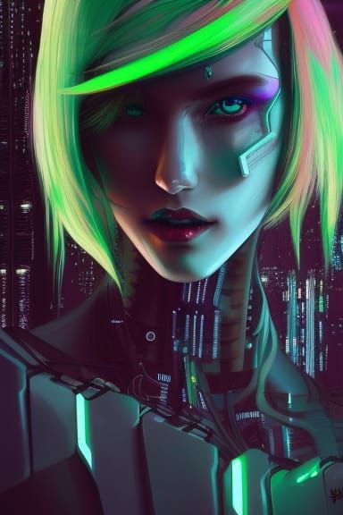 Cyberpunk Robot Woman with Neon Hair