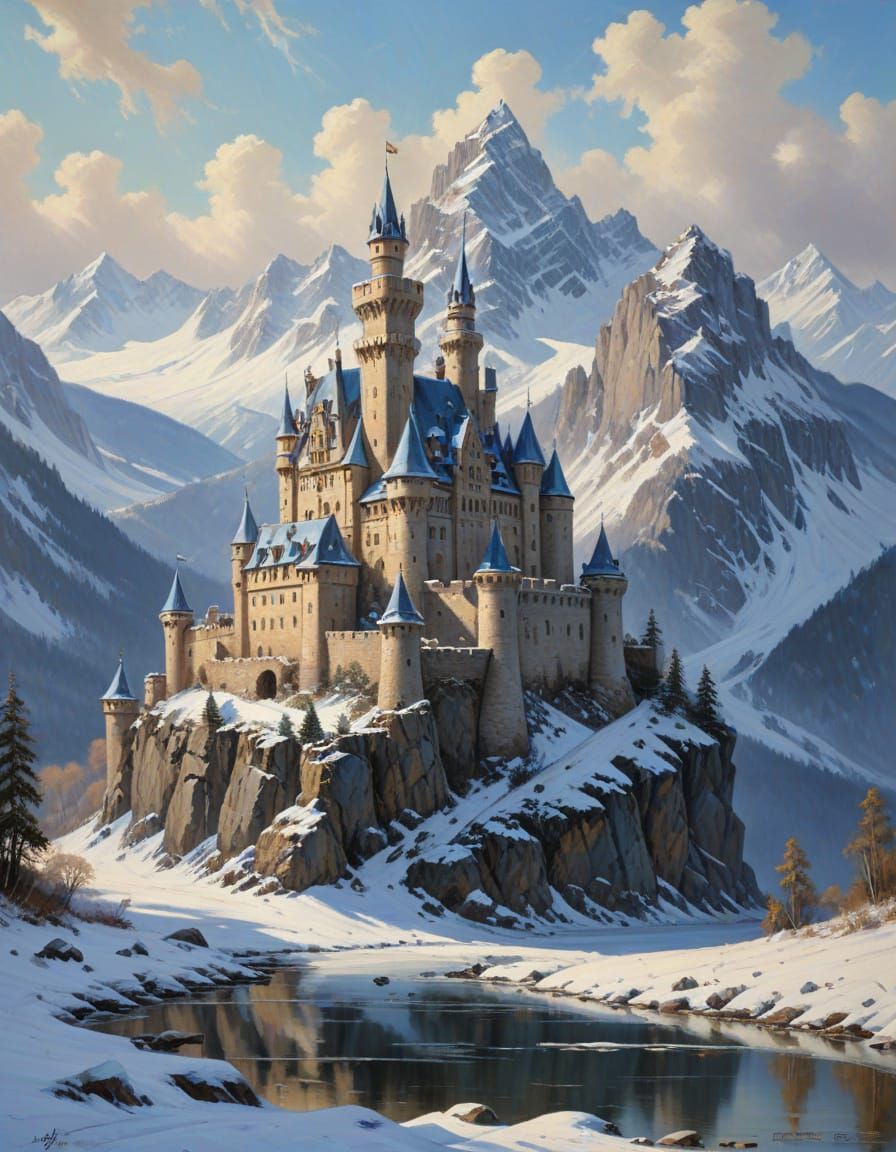 Winter Castle in the Mountains as an Oil Painting