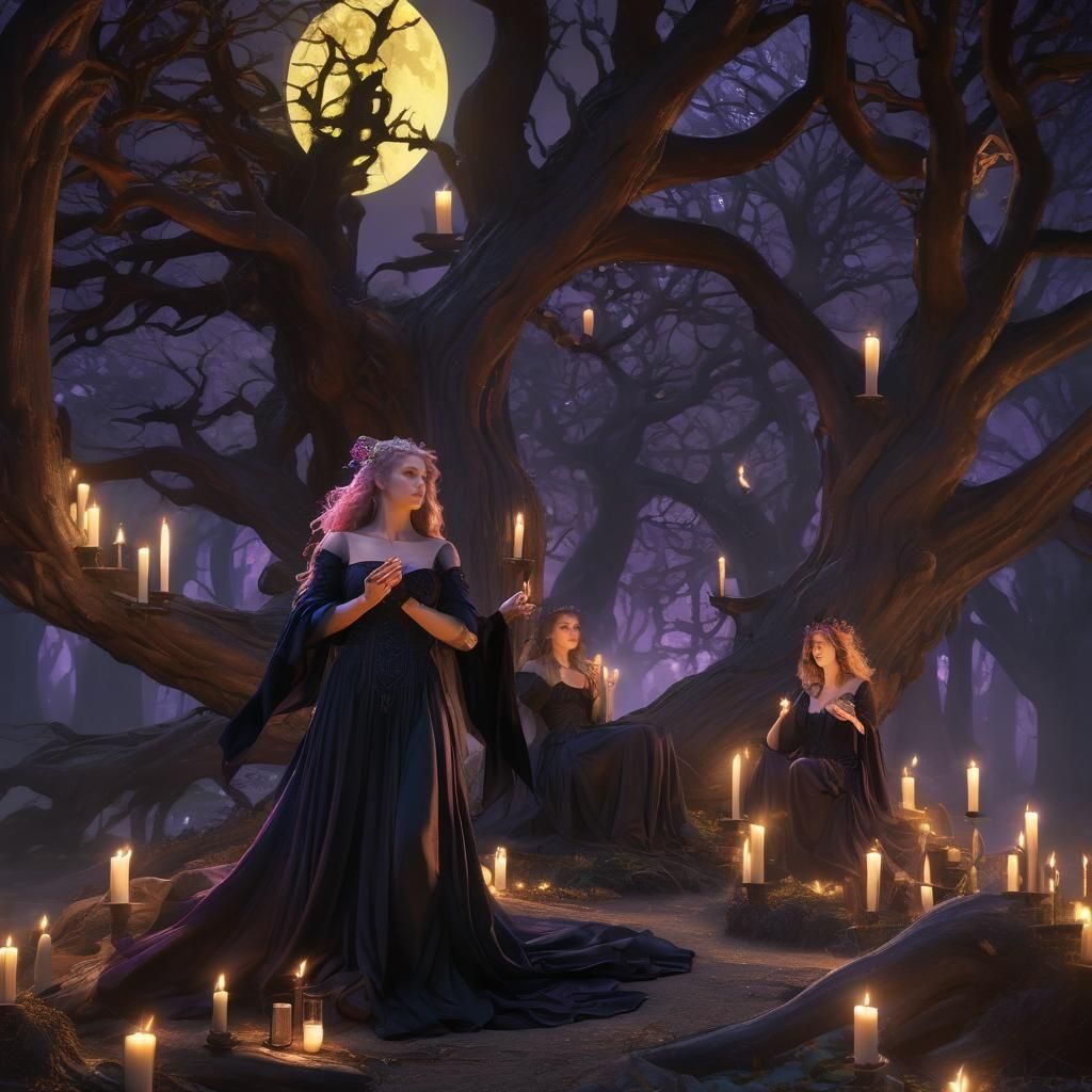 Enchanted Forest Witches' Ritual: Dark Fantasy Art