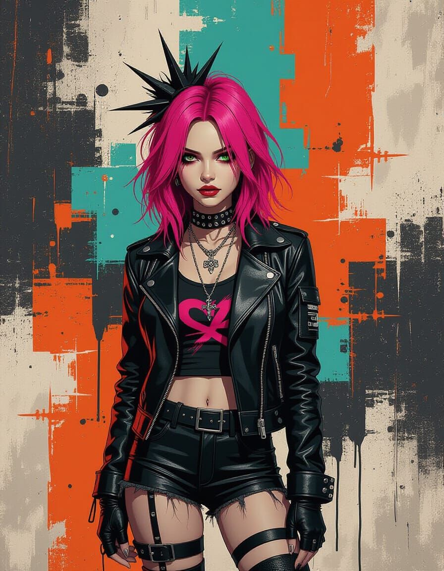 Goth Girl with Pink Hair on Abstract Battlefield