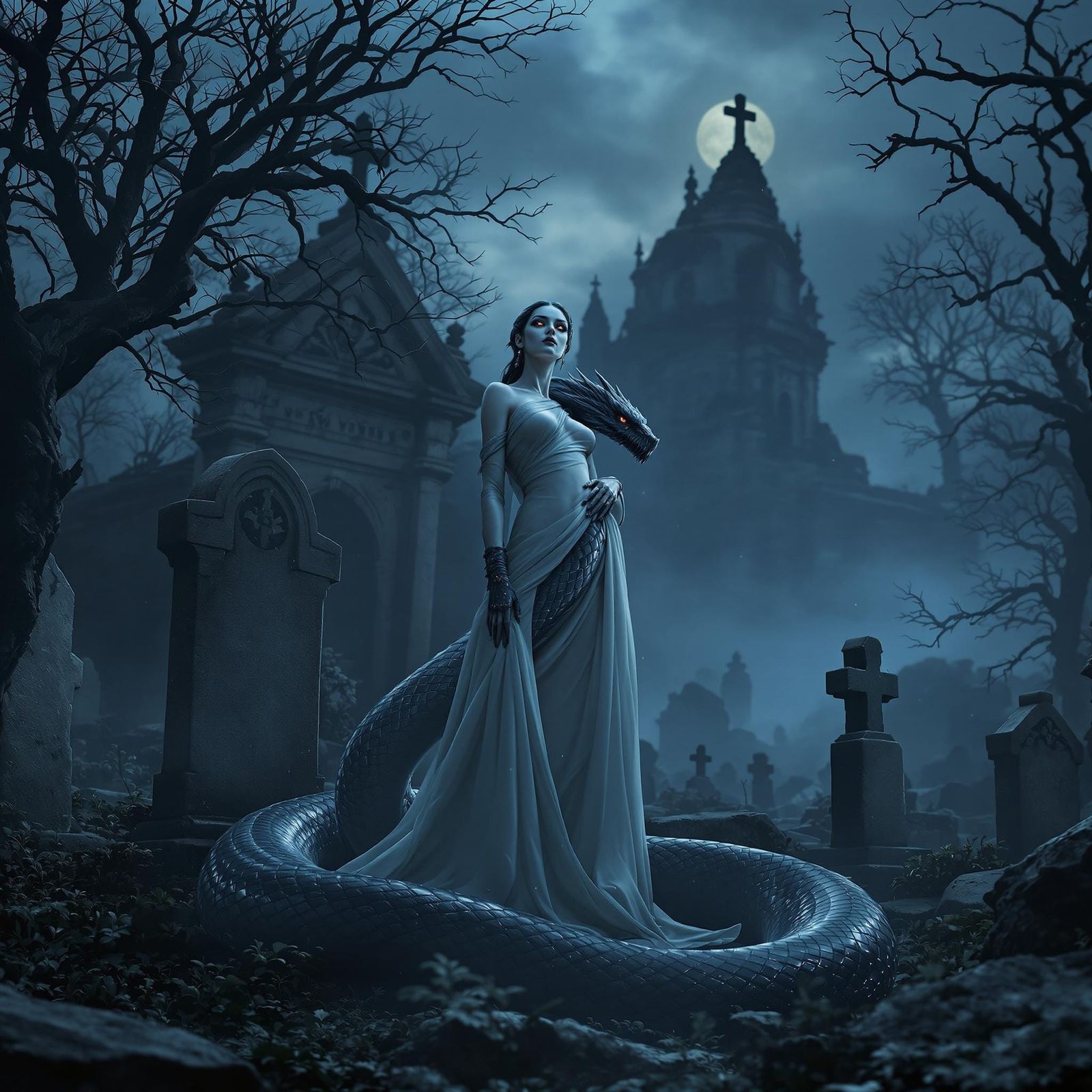 Photorealistic and ultra detailed picture of a beautiful lamia. In a fog-choked graveyard beneath a bruised twilight sky...
