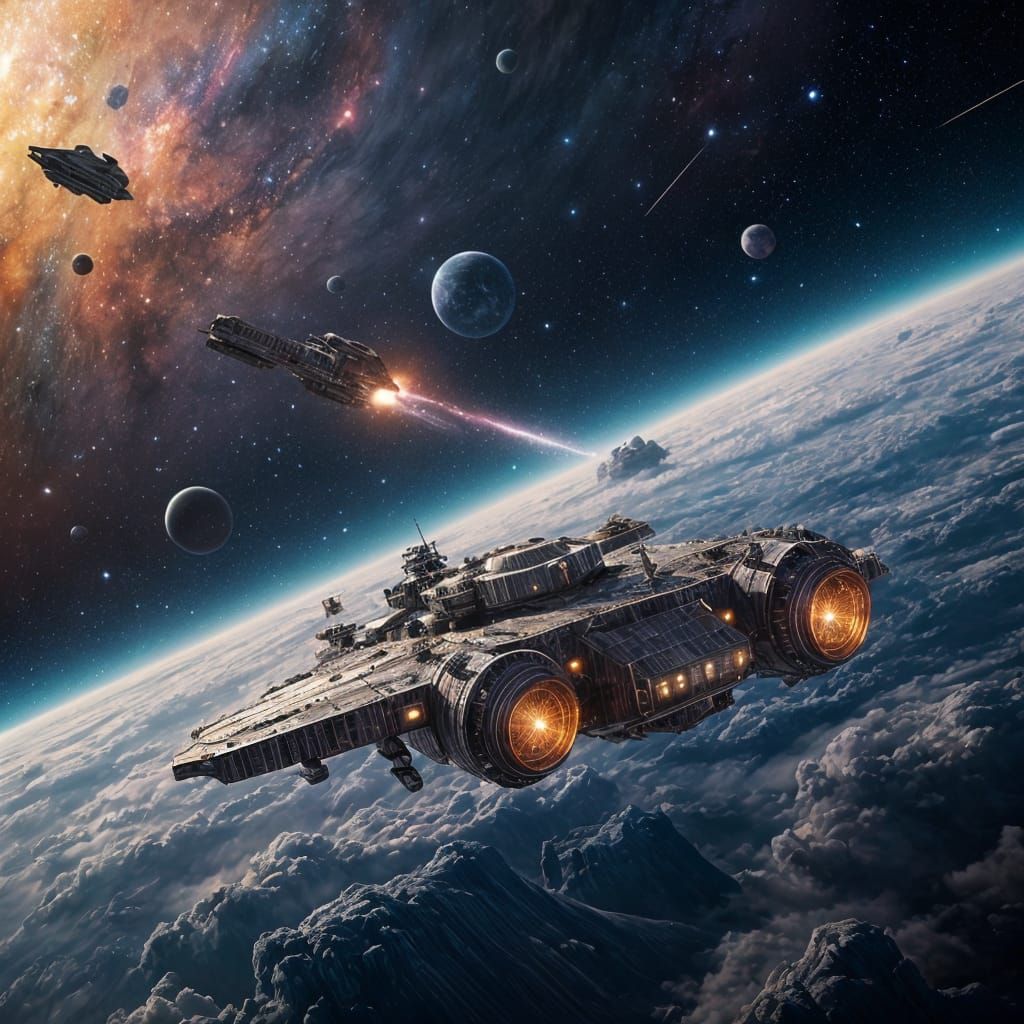 Cosmic Spacecraft Journey Through Glowing Galaxies