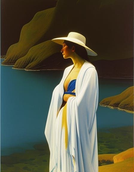 Woman in Blue Waters, Classic Illustration Style