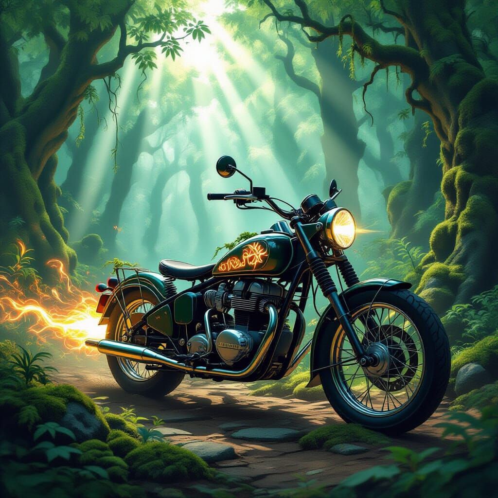 Vintage Runed Motorbike Speeds Through Enchanted Forest