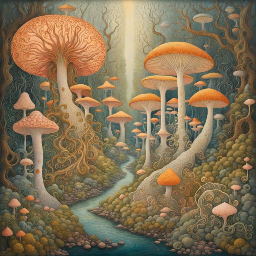 Detailed Mycelium Forest in Surrealist Style