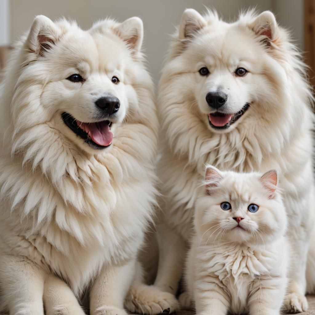 Humorous Samoyed and Ragdoll Cat Portrait