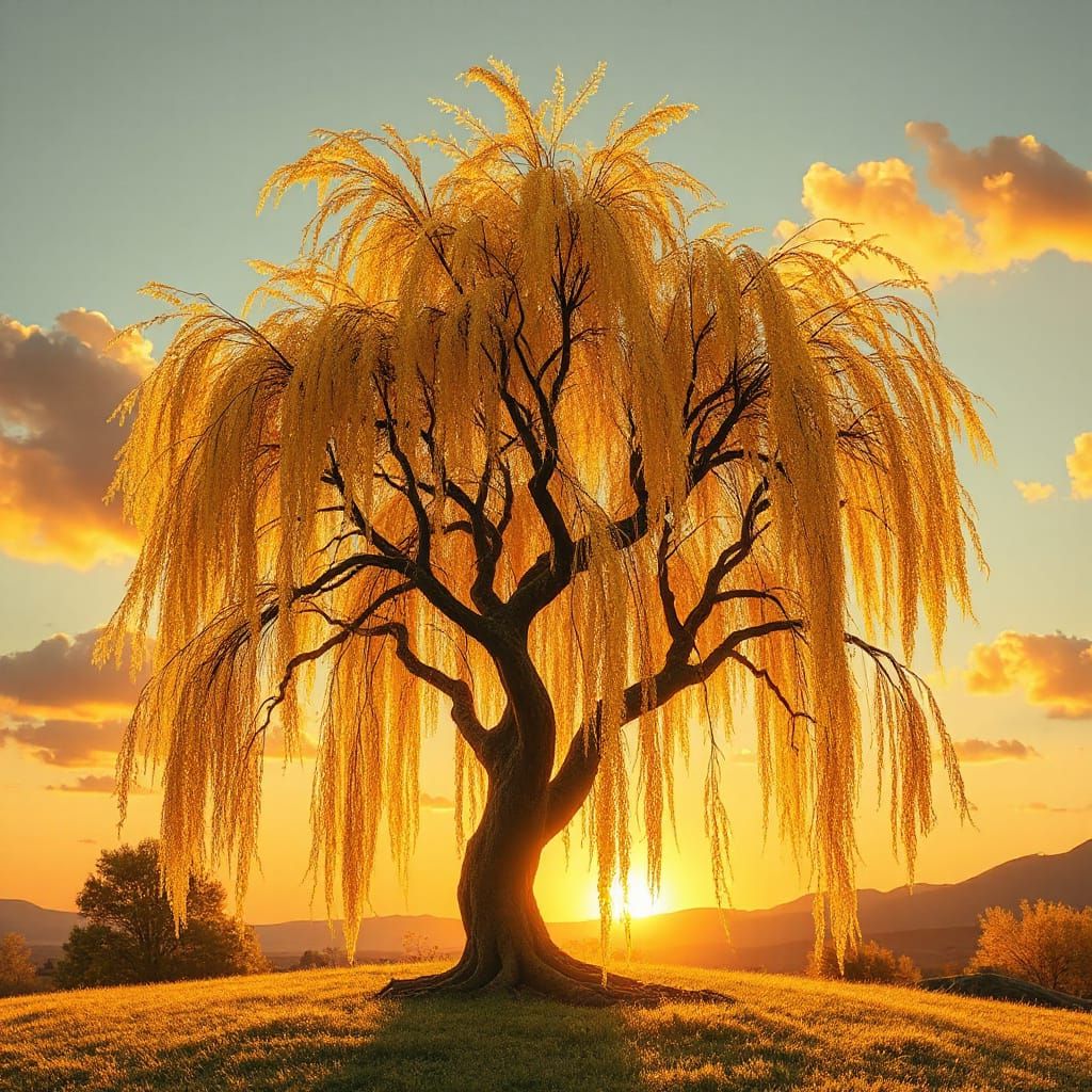 Golden Willow Tree at Sunset in Whimsical Style