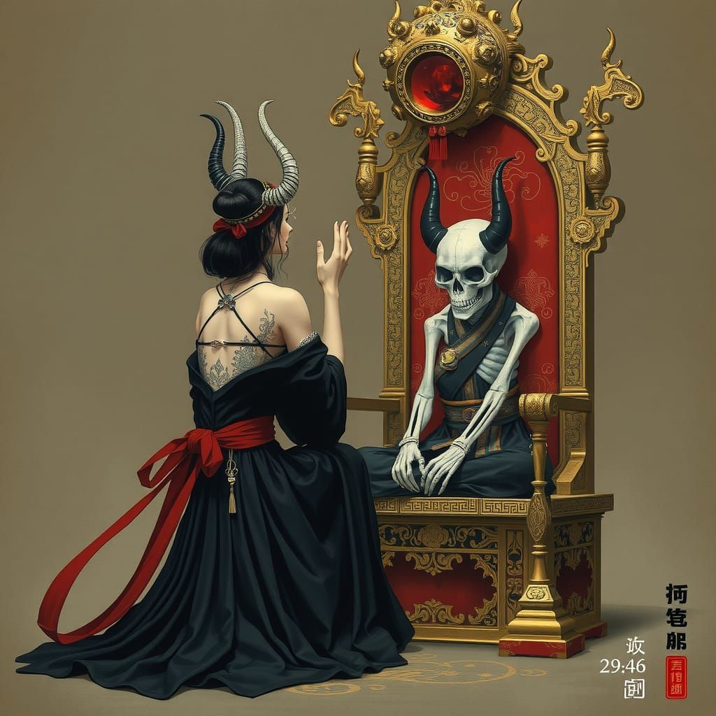 Chinese Woman Kneeling Before Skeletal King