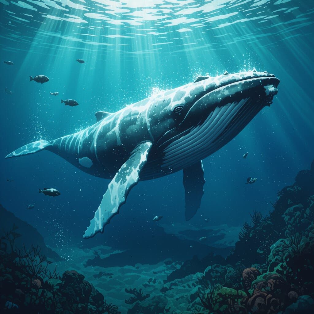 Detailed Whale in Deep Sea, Matte Painting Style