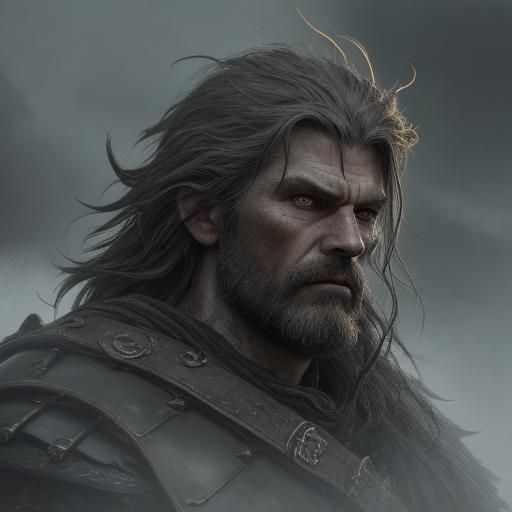 Brooding Warrior on Misty Peak: Dark Fantasy Art