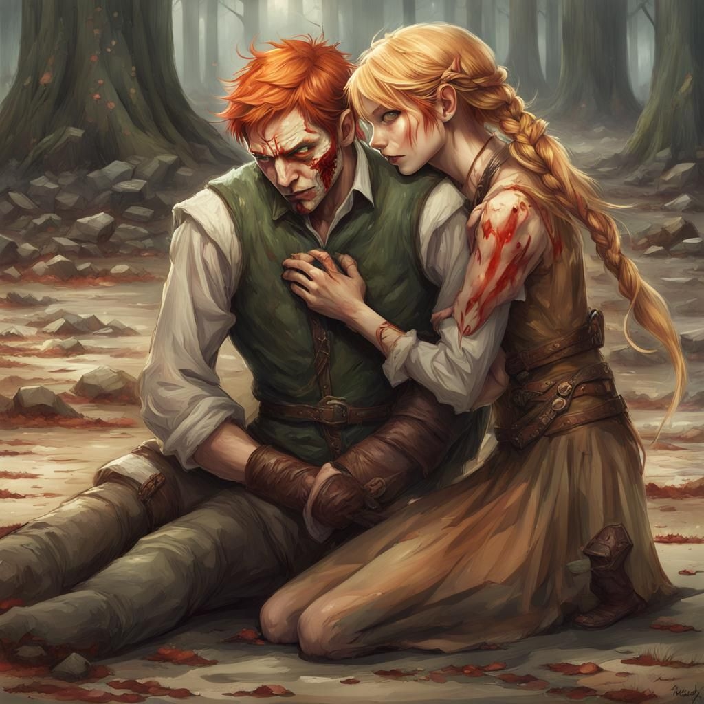 Grieving Elf Woman Beside Fallen Man