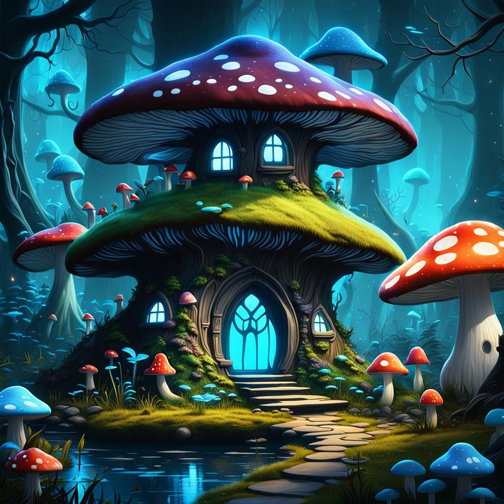 A fairy mushroom house in an enchanted bioluminescent forest.