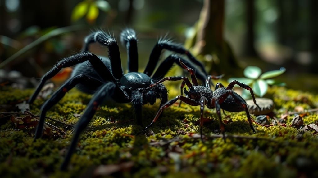 Tarantulas Clash in Forest Sunlight: Wildlife Photography