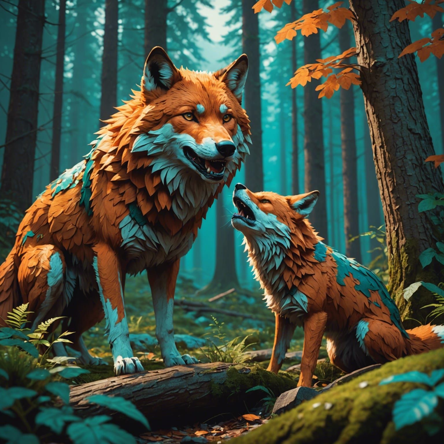 Wolf Growling at Fox: Hyperdetailed Concept Art