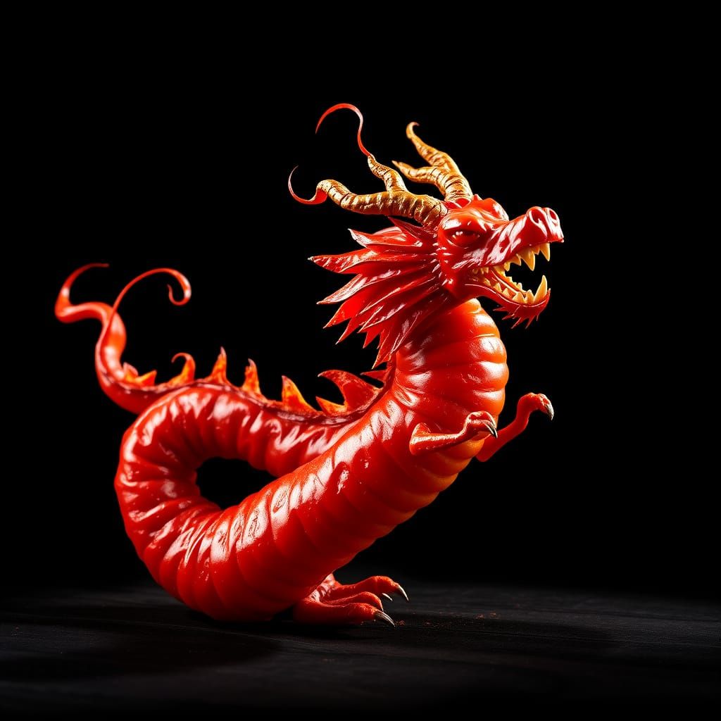 Vibrant Dragon-Shaped Pepperoni in Futuristic Realism