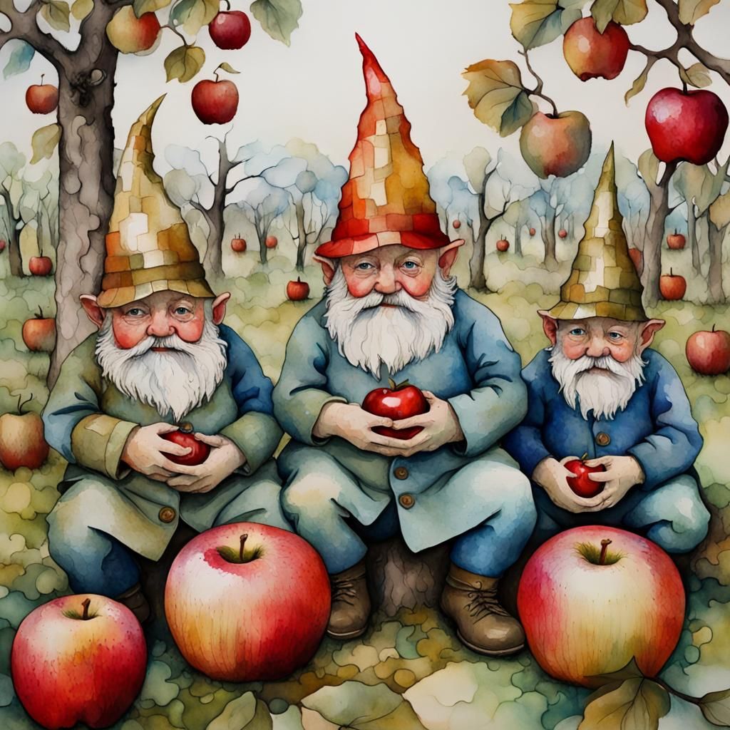 Gnomes in Apple Orchard: Alcohol Ink Art