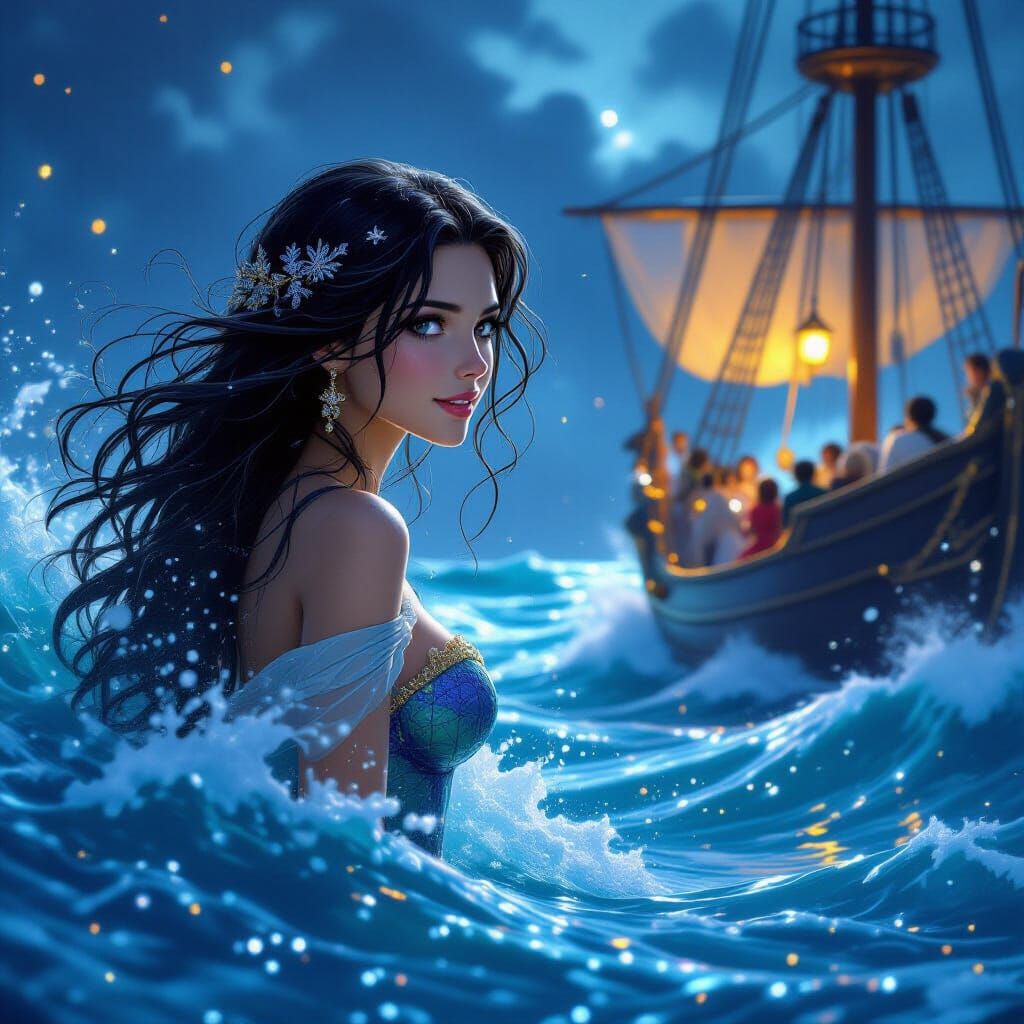 Mermaid Watches Christmas Party from Wave, Dark Fantasy Art