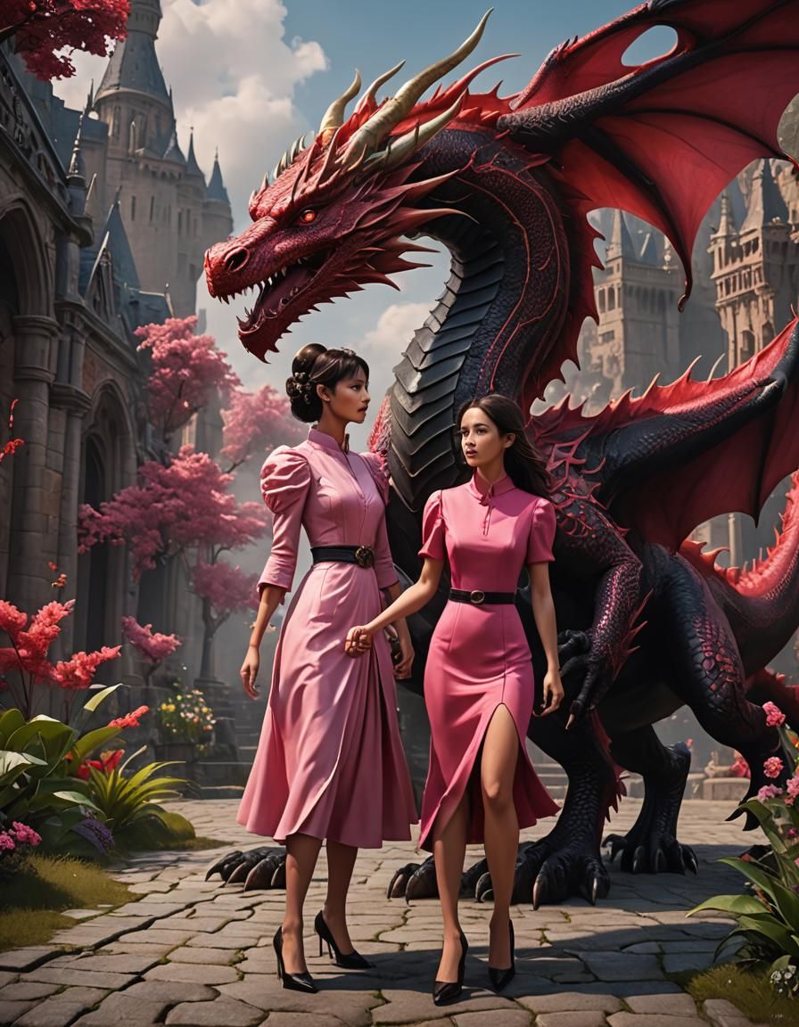 Women in pink and their dragon