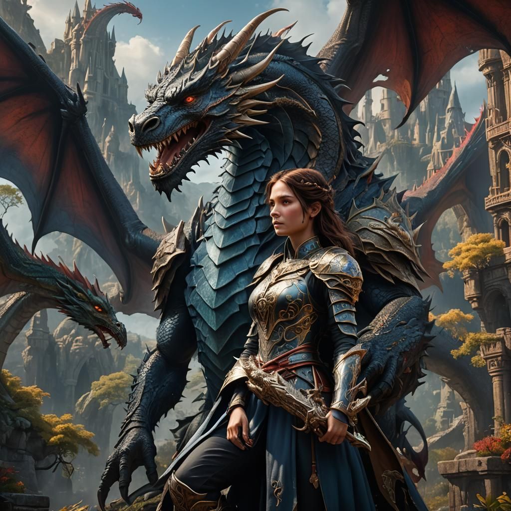 Fantastical Maiden and Dragon Surrealism