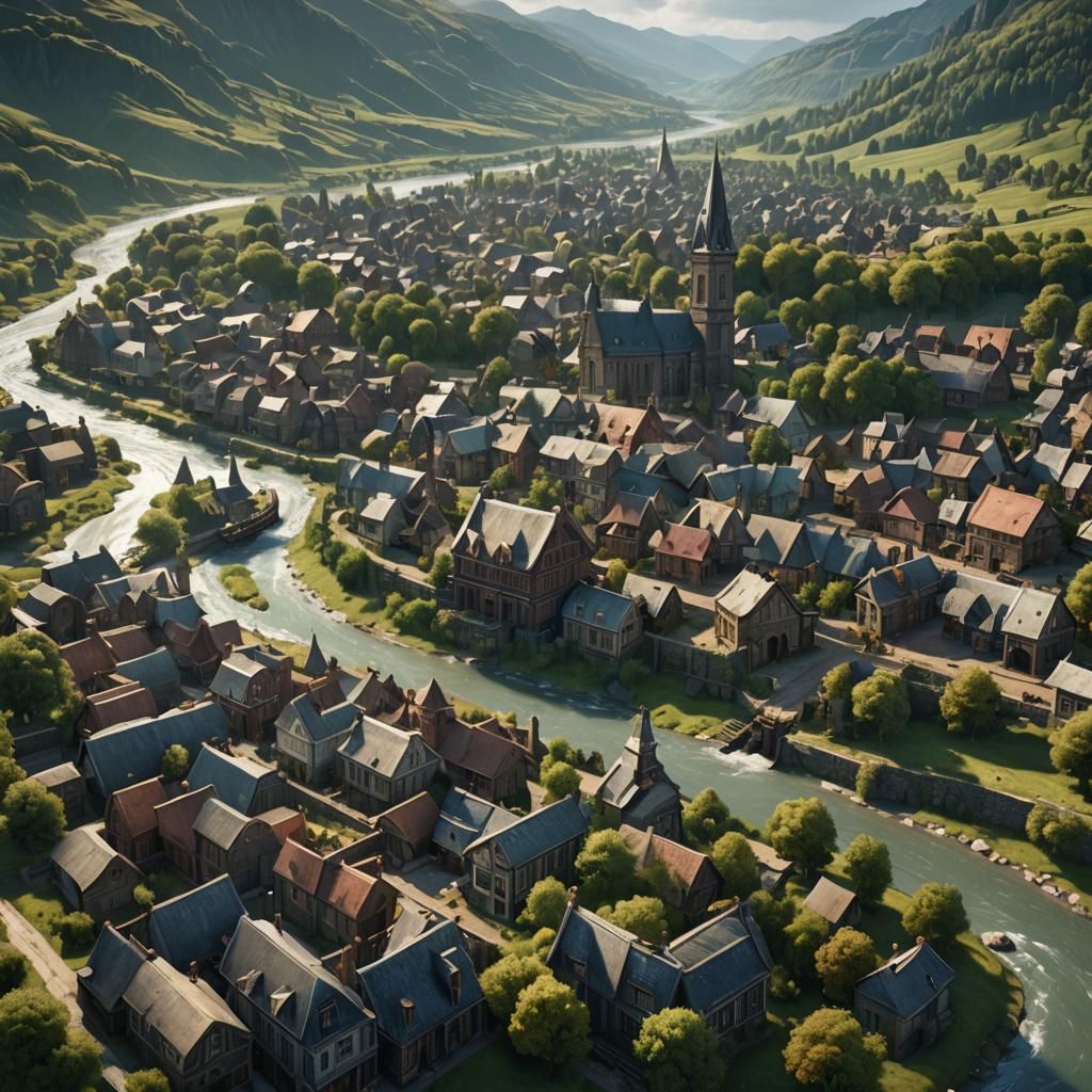Victorian Town Amidst Valleys: Detailed Matte Painting