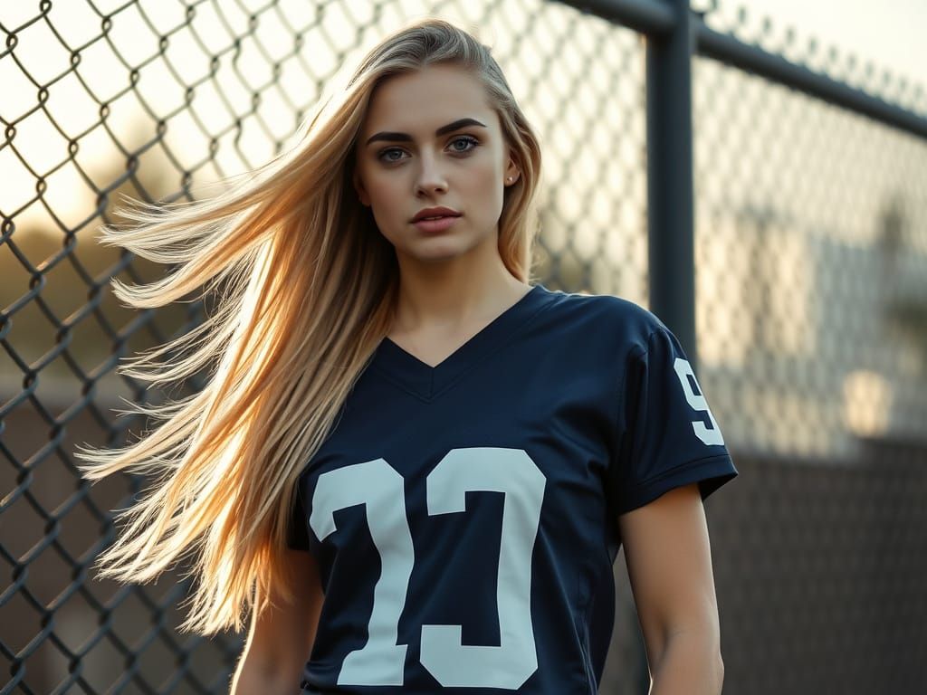 Young Woman in Sports Jersey Against Chain-Link Fence