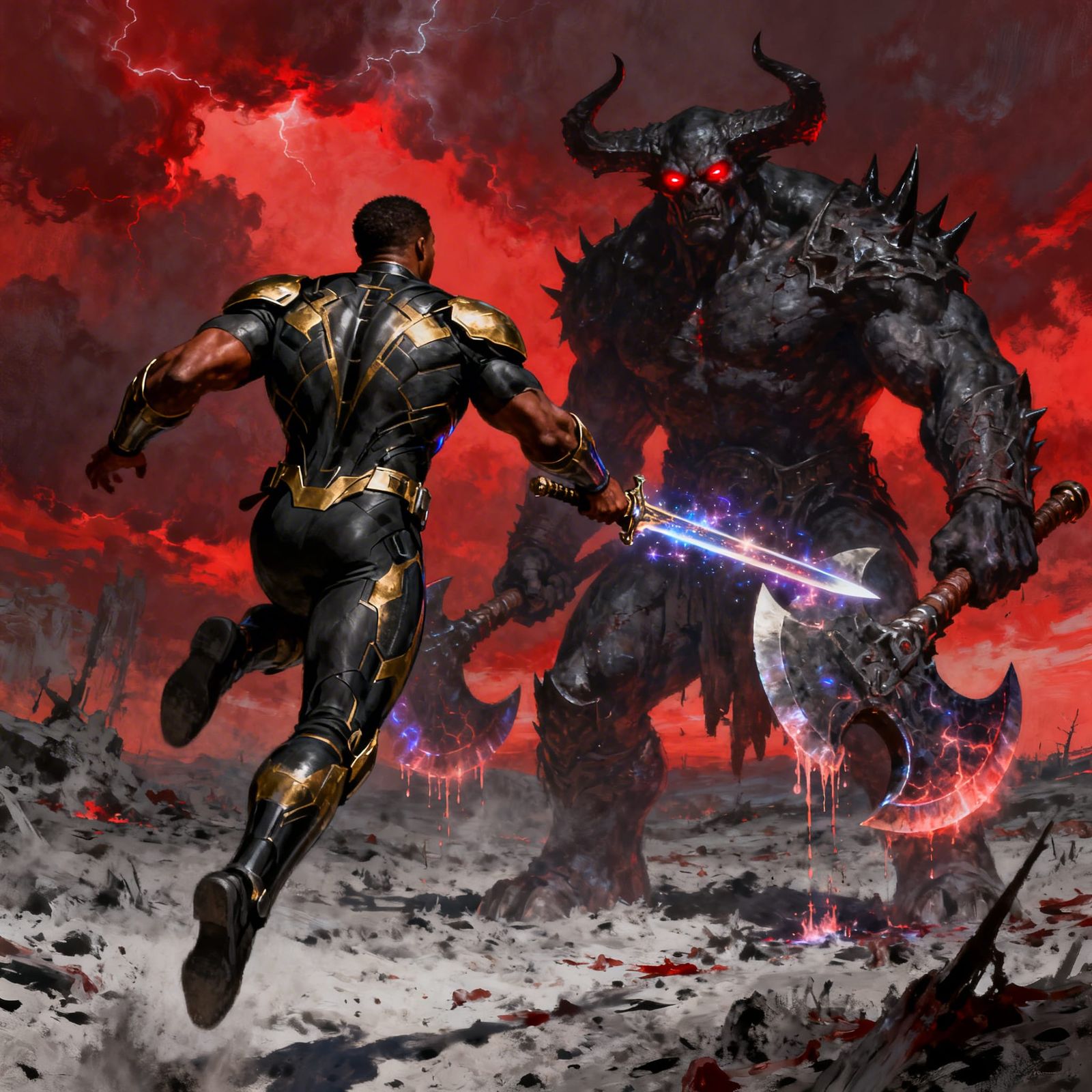 Cosmic Hero Battles Obsidian Monster in Dark Fantasy
