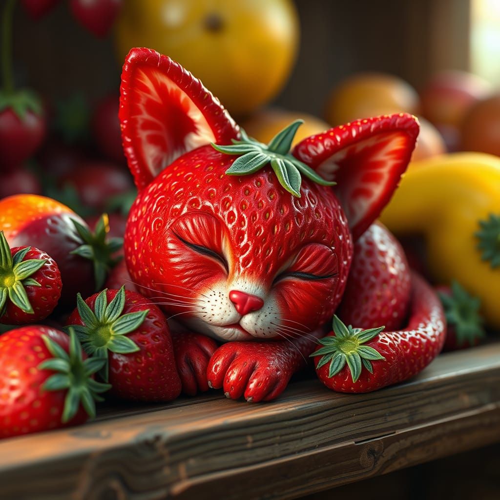 Surreal Strawberry Kitten in Whimsical Fruit Still Life