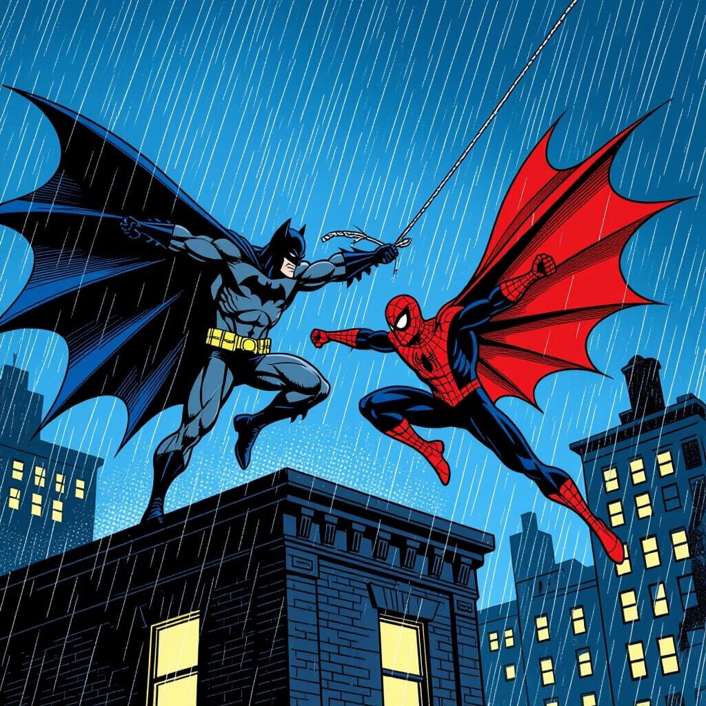Batman and Spiderman Rooftop Battle in Retro Comic Art Style