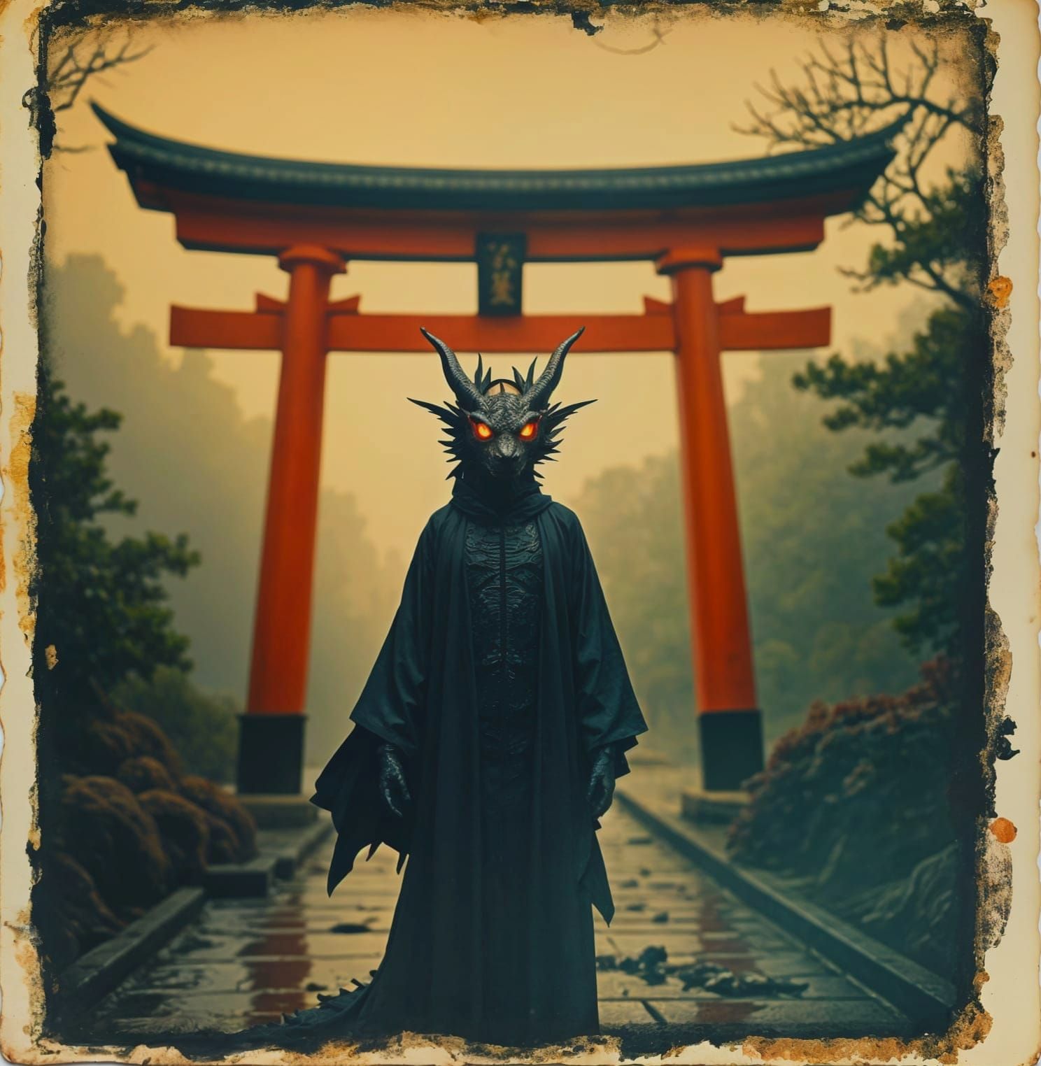 Japanese Dragon Through Torii Gate in Dark Sepia Hues
