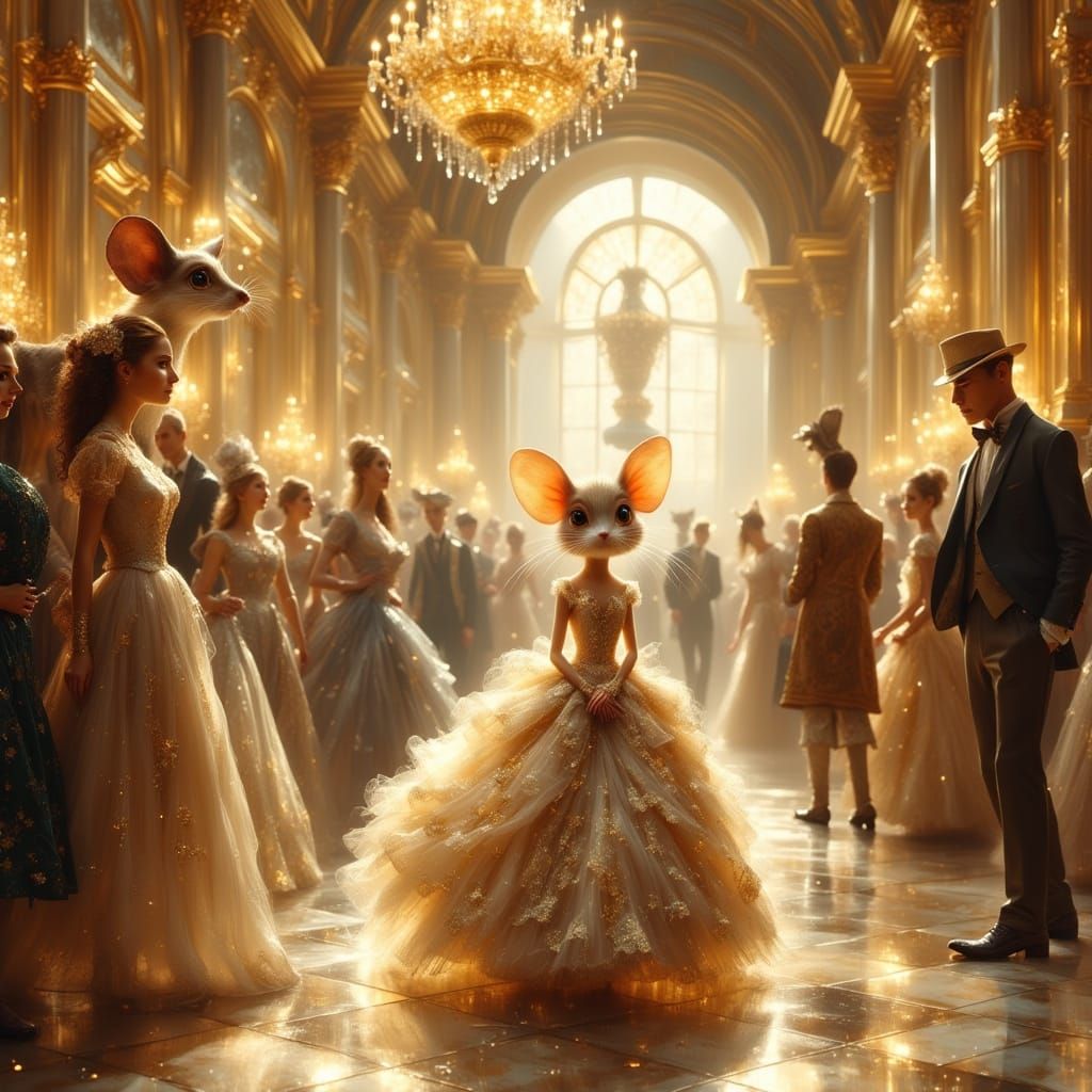 Mouse Enters Ballroom in 18th Century Style Gown