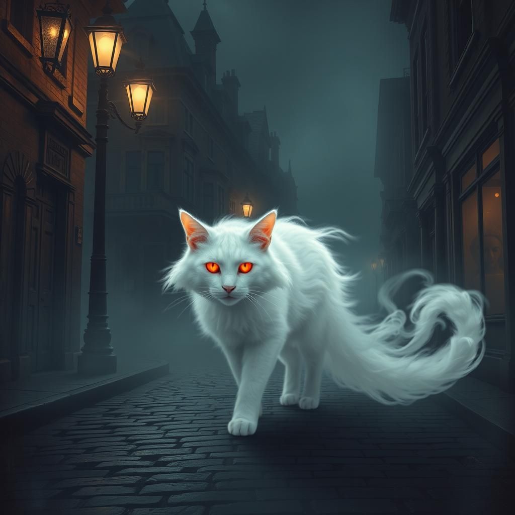 Ghostly Cat Prowls Victorian Street at Night