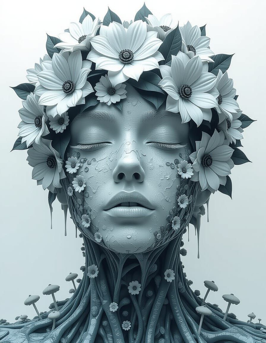 Gaia Titan Portrait: Flower and Mushroom Ice Sculpture