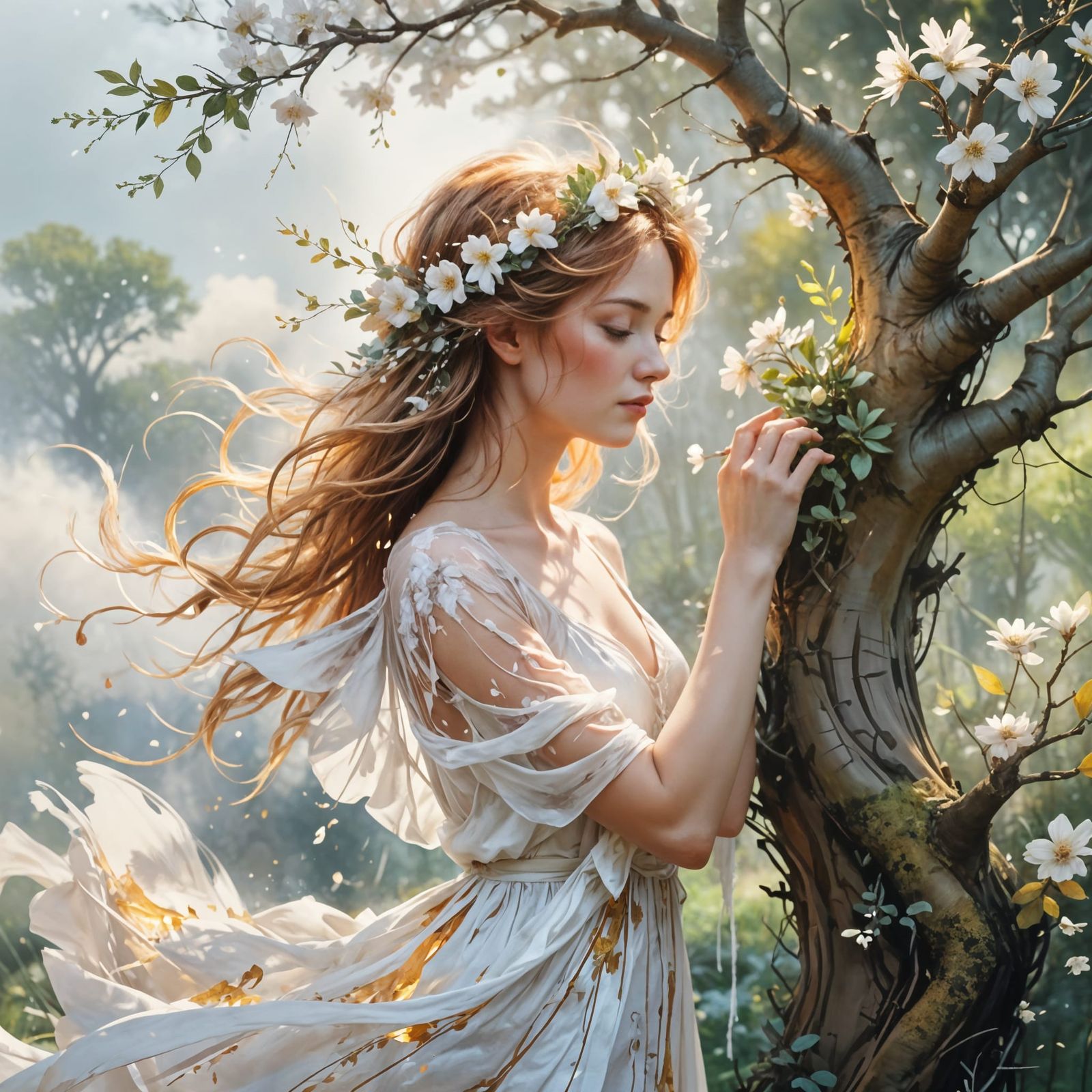 Ethereal Mother Nature Kissing a Tree, in Watercolour Style