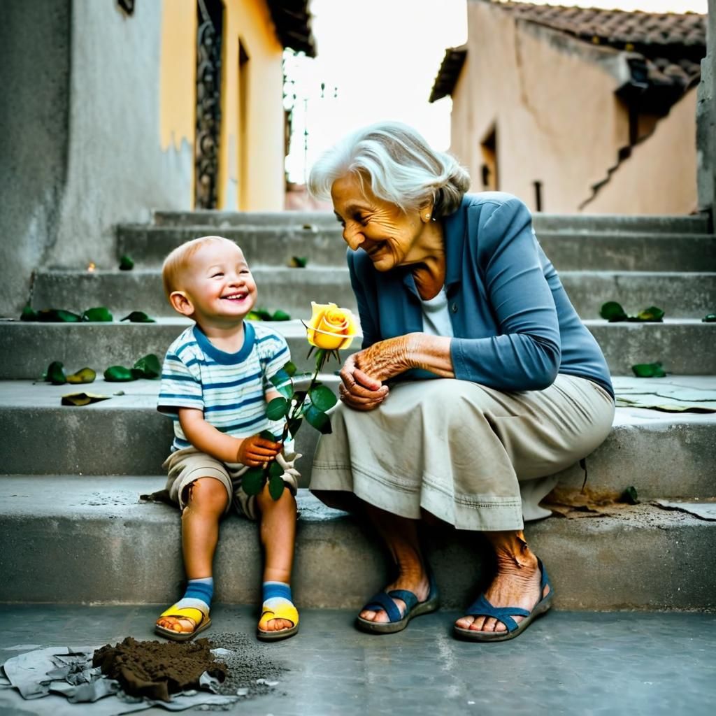 Boy Gives Rose to Smiling Old Woman