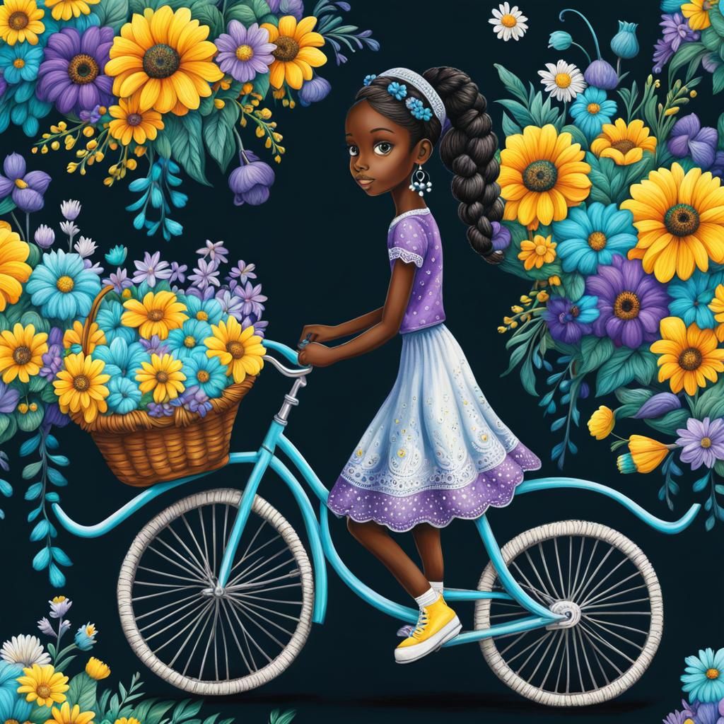 Whimsical Girl on Bike in Pencil Sketch Style