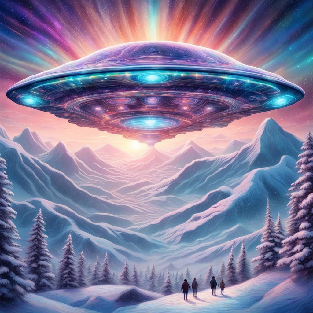 UFO Invasion Over Snowy Mountains: Astral Illustration