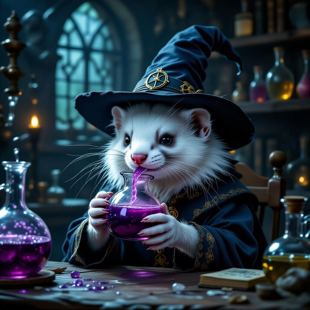Ancient Albino Ferret Wizard Sips Potion in Dark Fantasy Lab