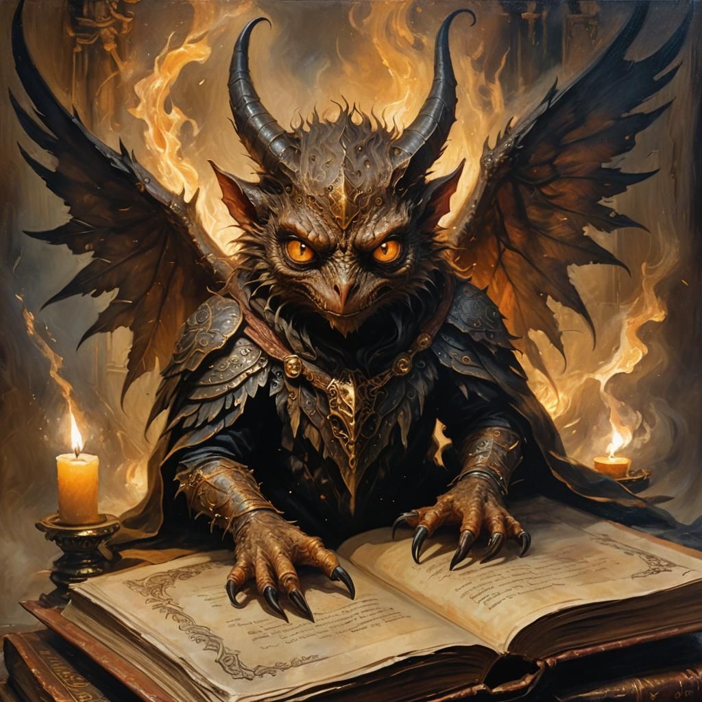 Devilish Creature in Mystical Chamber, Oil Painting