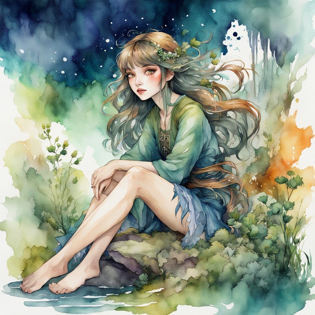 Kidcore Mage in Overgrowth Landscape Watercolor