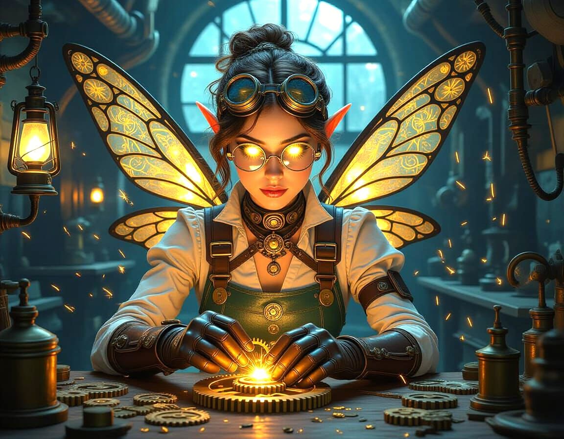 Steampunk Fairy in Art Nouveau Surrealism Style
