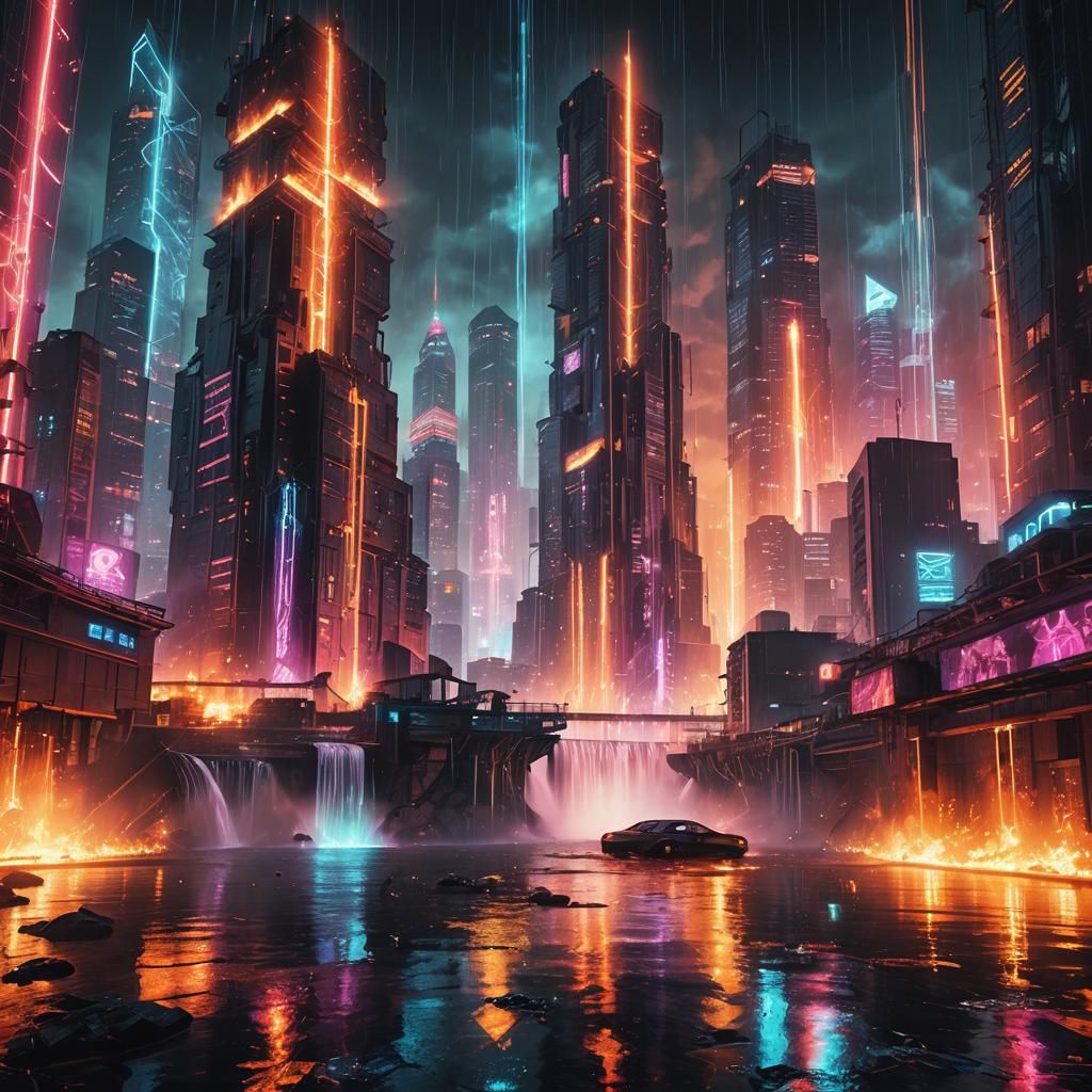 Burning Cyberpunk Cityscape with Neon Waterfalls